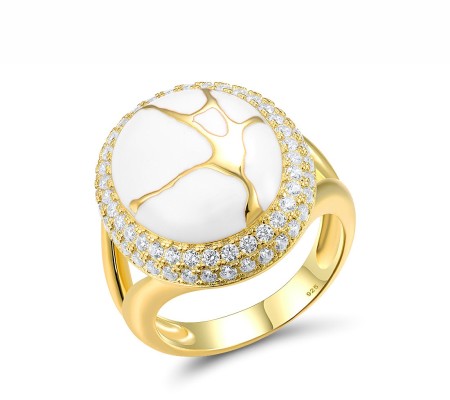 Sterling Silver w/ Yellow Plating Ring Enamel,White Cubic Zirconia (R318090ENASY925) - US 6