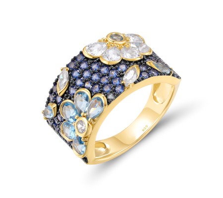 Sterling Silver w/ Yellow Black Plating Ring Blue Nano Cubic Zirconia,Blue Spinel,White Cubic Zirconia (R318234BNBZSC925) - US 6