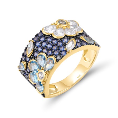 Sterling Silver w/ Yellow Black Plating Ring Blue Nano Cubic Zirconia,Blue Spinel,White Cubic Zirconia (R318234BNBZSC925) - US 6