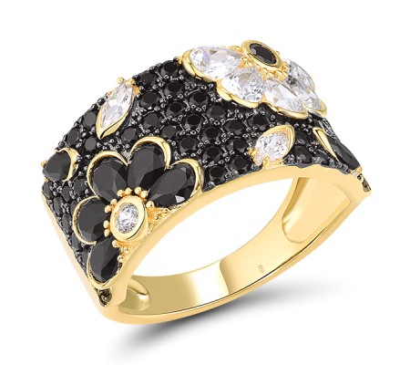 Sterling Silver w/ Yellow Black Plating Ring Black spinel,White Cubic Zirconia (R318234BSNZSC925) - US 6