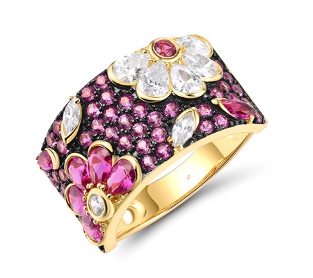 Sterling Silver w/ Yellow Black Plating Ring Created Ruby,White Cubic Zirconia,Created Pink Sapphire (R318234CPRZSC925) - US 6
