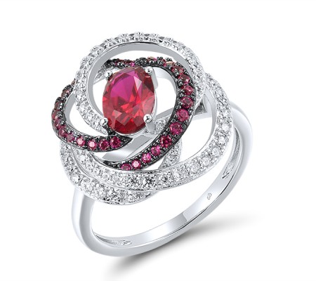 Sterling Silver w/ Black White Plating Ring Created Ruby,White Cubic Zirconia (R318238CRZSK925) - US 6