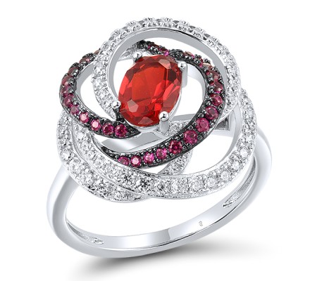 Sterling Silver w/ Black White Plating Ring Created Ruby,Natural Glass Filled Ruby,White Cubic Zirconia (R318238RRFZSK925)