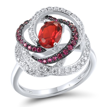 Sterling Silver w/ Black White Plating Ring Created Ruby,Natural Glass Filled Ruby,White Cubic Zirconia (R318238RRFZSK925)