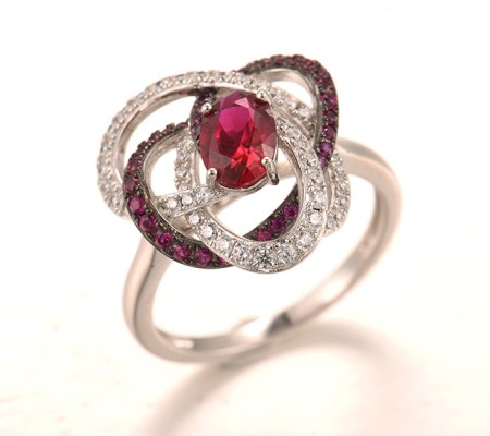 Sterling Silver w/ Black White Plating Ring Created Ruby,White Cubic Zirconia (R318239CRZSK925) - US 6