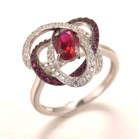Sterling Silver w/ Black White Plating Ring Created Ruby,White Cubic Zirconia (R318239CRZSK925) - US 6