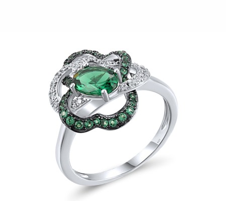 Sterling Silver w/ Black White Plating Ring Green Spinel,White Cubic Zirconia (R318240GSZSK925) - US 6