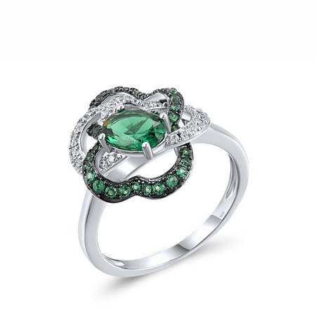 Sterling Silver w/ Black White Plating Ring Green Spinel,White Cubic Zirconia (R318240GSZSK925) - US 6