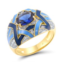 Sterling Silver w/ Ionic Yellow Plating Ring Blue Spinel,Enamel,White Cubic Zirconia (R318357ENASP925) - US 6