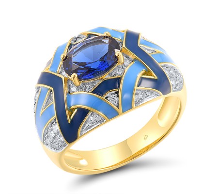 Sterling Silver w/ Ionic Yellow Plating Ring Blue Spinel,Enamel,White Cubic Zirconia (R318357ENASP925) - US 6
