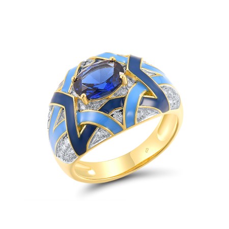 Sterling Silver w/ Ionic Yellow Plating Ring Blue Spinel,Enamel,White Cubic Zirconia (R318357ENASP925) - US 6