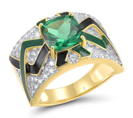 Sterling Silver w/ Ionic Yellow Plating Ring Enamel,Green Spinel,White Cubic Zirconia (R318358ENASP925) - US 6