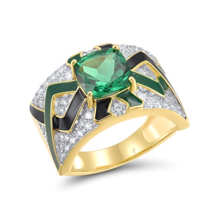 Sterling Silver w/ Ionic Yellow Plating Ring Enamel,Green Spinel,White Cubic Zirconia (R318358ENASP925) - US 6