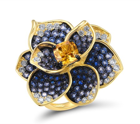Sterling Silver w/ Yellow Black Plating Ring Blue Nano Cubic Zirconia,Blue Spinel,White Cubic Zirconia,Yellow Nano Crystal (R318359MULSC925) - US 6