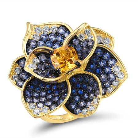 Sterling Silver w/ Yellow Black Plating Ring Blue Nano Cubic Zirconia,Blue Spinel,White Cubic Zirconia,Yellow Nano Crystal (R318359MULSC925) - US 6