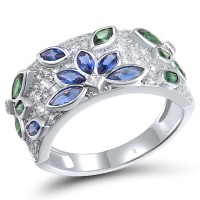 Sterling Silver Ring Blue Nano Cubic Zirconia,Green Spinel,White Cubic Zirconia (R318361BNGZSL925) - US 6