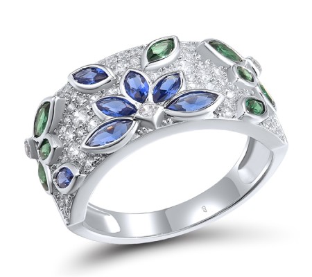 Sterling Silver Ring Blue Nano Cubic Zirconia,Green Spinel,White Cubic Zirconia (R318361BNGZSL925) - US 6