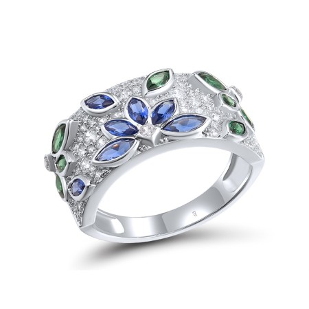 Sterling Silver Ring Blue Nano Cubic Zirconia,Green Spinel,White Cubic Zirconia (R318361BNGZSL925) - US 6