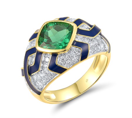 Sterling Silver w/ Ionic Yellow Plating Ring Enamel,Green Spinel,White Cubic Zirconia (R318373ENASP925) - US 6