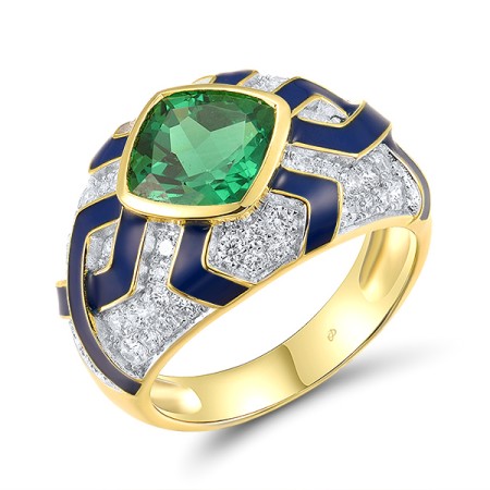 Sterling Silver w/ Ionic Yellow Plating Ring Enamel,Green Spinel,White Cubic Zirconia (R318373ENASP925) - US 6