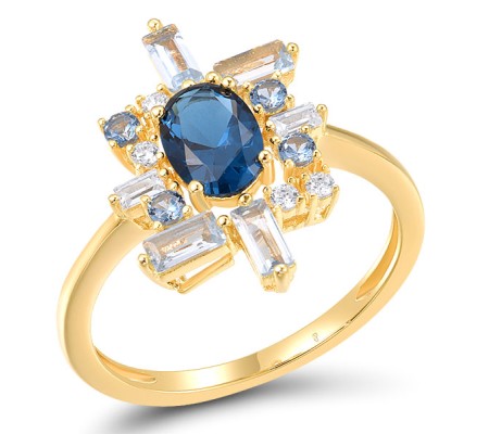 Sterling Silver w/ Yellow Plating Ring Blue Spinel,White Cubic Zirconia (R318419BLZSY925) - US 6