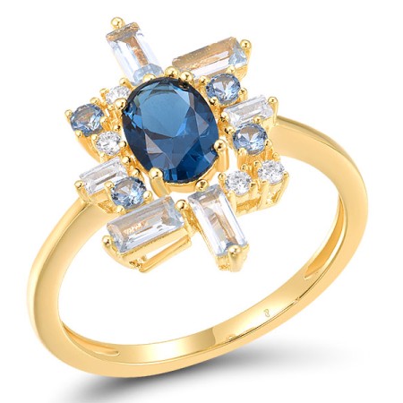 Sterling Silver w/ Yellow Plating Ring Blue Spinel,White Cubic Zirconia (R318419BLZSY925) - US 6