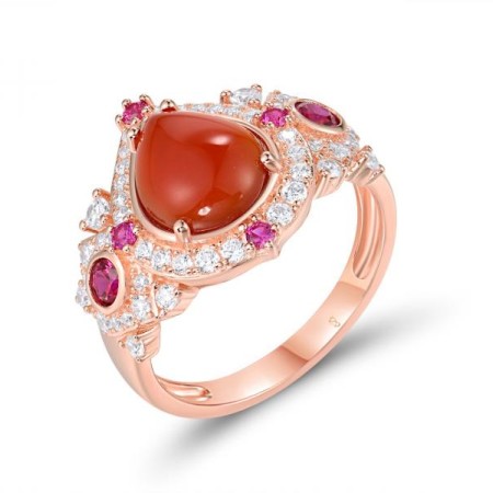 Sterling Silver w/ Rose Plating Ring Created Ruby,Dyed Red Agate,White Cubic Zirconia (R318669RARZSR925) - US 6