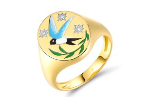 Sterling Silver w/ Ionic Yellow Plating Ring Enamel,White Cubic Zirconia (R319010ENA1SP925)