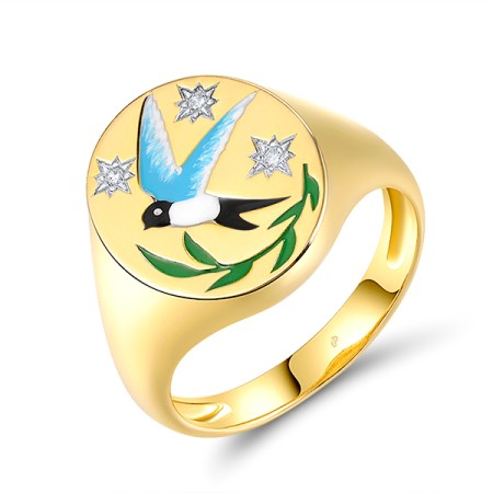 Sterling Silver w/ Ionic Yellow Plating Ring Enamel,White Cubic Zirconia (R319010ENA1SP925)