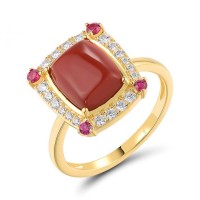 Sterling Silver w/ Yellow Plating Ring Dyed Red Agate,White Cubic Zirconia,Created Ruby (R319022RARZSY925) - US 6