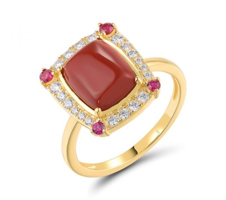 Sterling Silver w/ Yellow Plating Ring Dyed Red Agate,White Cubic Zirconia,Created Ruby (R319022RARZSY925) - US 6