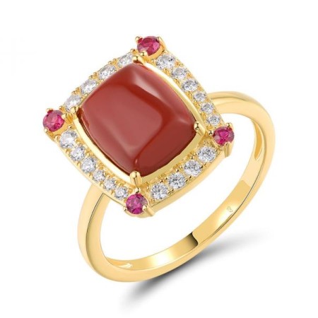 Sterling Silver w/ Yellow Plating Ring Dyed Red Agate,White Cubic Zirconia,Created Ruby (R319022RARZSY925) - US 6