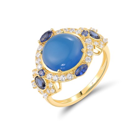 Sterling Silver w/ Yellow Plating Ring White Cubic Zirconia,Blue Nano Cubic Zirconia,Dyed Blue Agate (R319023BDBZSY925) - US 6