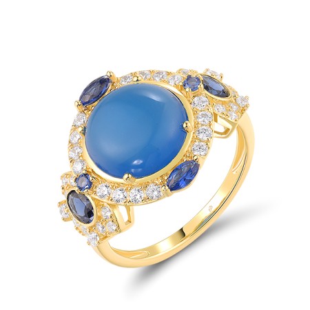 Sterling Silver w/ Yellow Plating Ring White Cubic Zirconia,Blue Nano Cubic Zirconia,Dyed Blue Agate (R319023BDBZSY925) - US 6