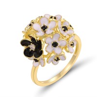  Sterling Silver w/ Yellow Plating Ring Black spinel,Enamel,White Cubic Zirconia (R319173ENASY925) - US 6