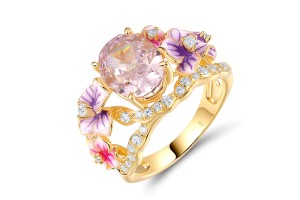 Sterling Silver w/ Yellow Plating Ring Pink Cubic Zirconia,White Cubic Zirconia,Enamel (R319489ENA1SY925) - US 7