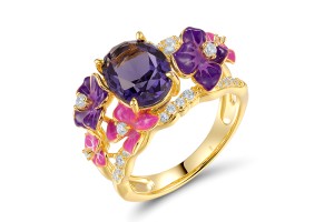 Sterling Silver w/ Yellow Plating Ring Purple Glass,White Cubic Zirconia,Enamel (R319489ENA2SY925) - US 6