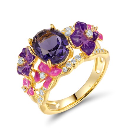 Sterling Silver w/ Yellow Plating Ring Purple Glass,White Cubic Zirconia,Enamel (R319489ENA2SY925) - US 6