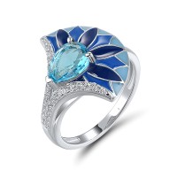 Sterling Silver Ring Blue Glass,Enamel,White Cubic Zirconia (R319873ENASL925) - US 7