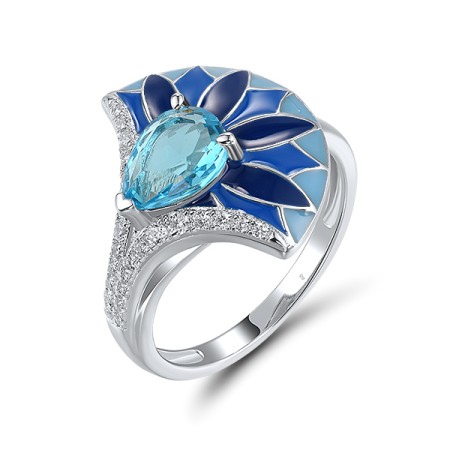 Sterling Silver Ring Blue Glass,Enamel,White Cubic Zirconia (R319873ENASL925) - US 7