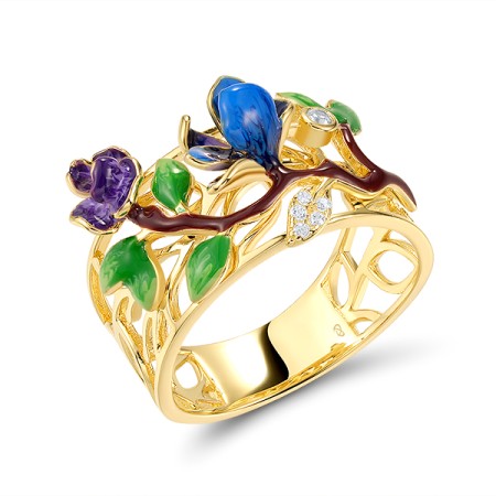 Sterling Silver w/ Yellow Plating Ring Enamel,White Cubic Zirconia (R320020ENA2SY925) - US 6