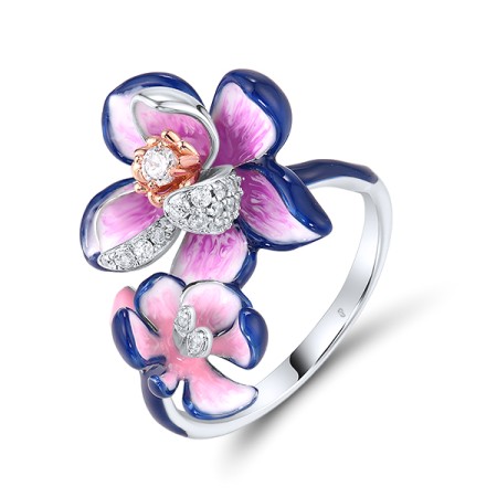 Sterling Silver w/ Ionic Rose Plating Ring Enamel,White Cubic Zirconia (R320023ENASQ925) - US 6