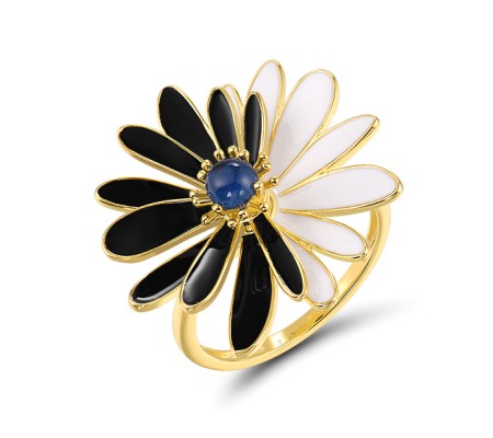 Sterling Silver w/ Yellow Plating Ring Blue Glass,Enamel (R320059ENASY925) - US 6