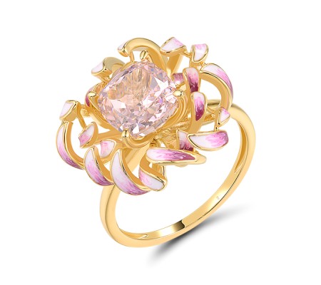 Sterling Silver w/ Yellow Plating Ring Enamel,Pink Cubic Zirconia (R320061ENASY925) - US 6
