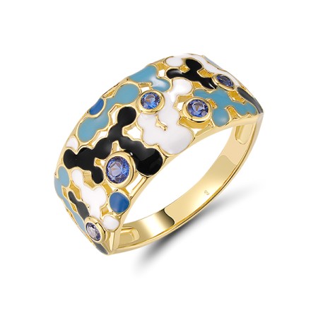 Sterling Silver w/ Yellow Plating Ring Blue Nano Cubic Zirconia,Enamel (R320210ENASY925) - US 6