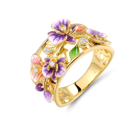 Sterling Silver w/ Yellow Plating Ring Enamel,White Cubic Zirconia (R320212ENASY925) - US 6