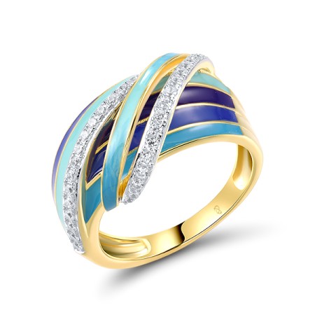 Sterling Silver w/ Ionic Yellow Plating Ring Enamel,White Cubic Zirconia (R320350ENASP925) - US 6