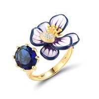Sterling Silver w/ Yellow Plating Ring Blue Glass,Enamel,White Cubic Zirconia (R320352ENASY925) - US 6