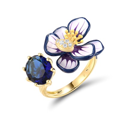 Sterling Silver w/ Yellow Plating Ring Blue Glass,Enamel,White Cubic Zirconia (R320352ENASY925) - US 6