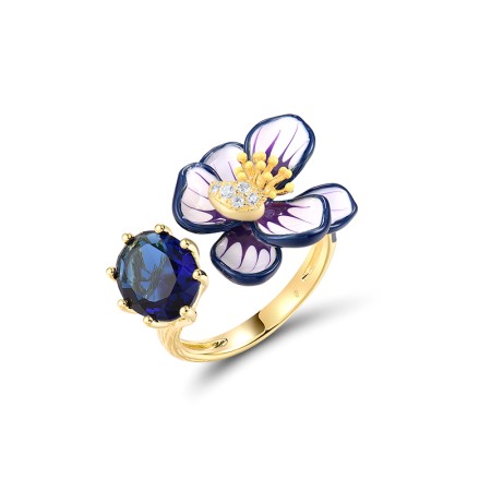Sterling Silver w/ Yellow Plating Ring Blue Glass,Enamel,White Cubic Zirconia (R320352ENASY925) - US 6